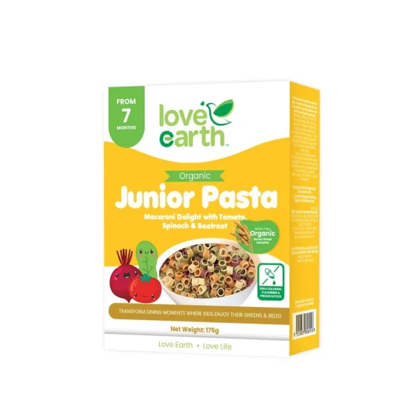 Love Earth Organic Junior Baby Pasta 7m+ Macaroni Delight With Tomato Spinach & Beetroot (Australia) 175g