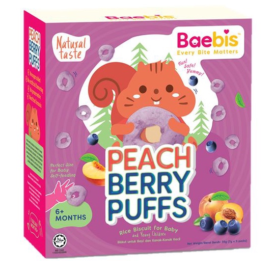 Baebis Peach Berry Puffs, a rice biscuit Snack